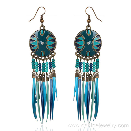 Wholesale Beaded Style Beach Gilded Hoop Feather Earrings